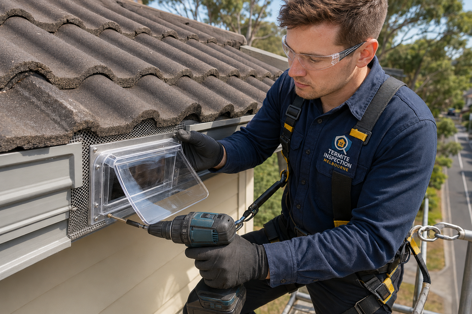 Professional possum one-way entry gate installation on a Melbourne tiled roof