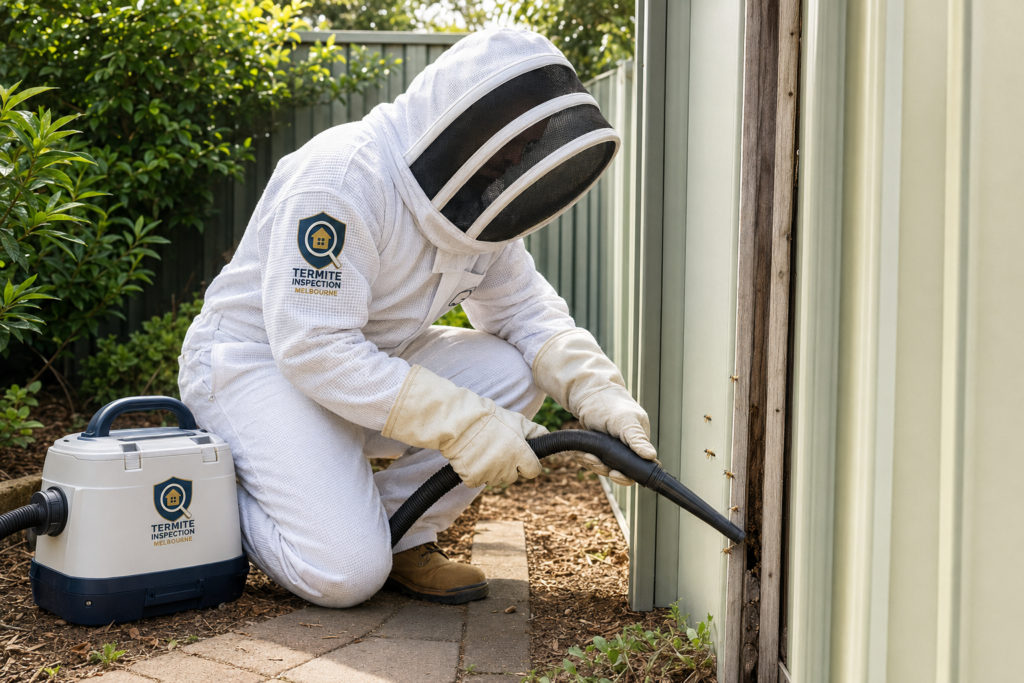 Technician in protective clothing working beside a garden nest location