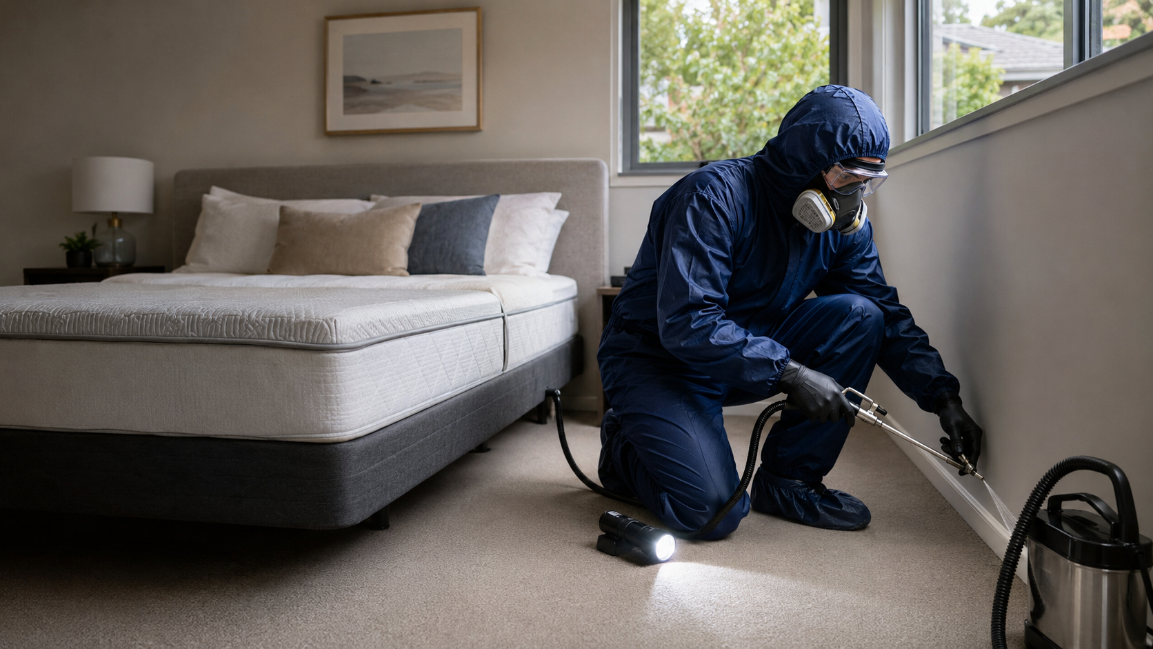 Professional mite pest-control technician treating a Melbourne home