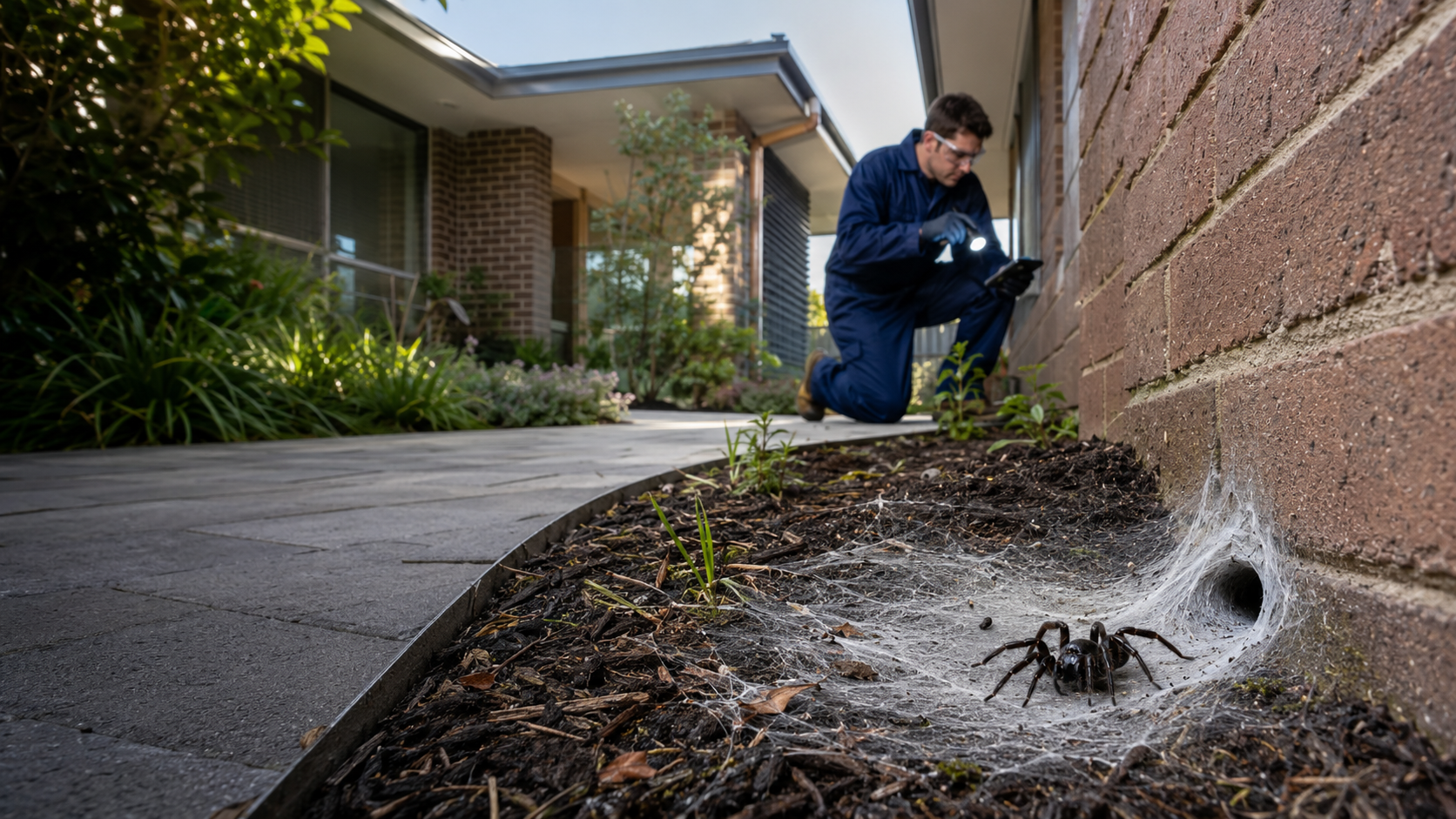 Professional spider pest-control technician treating a Melbourne home